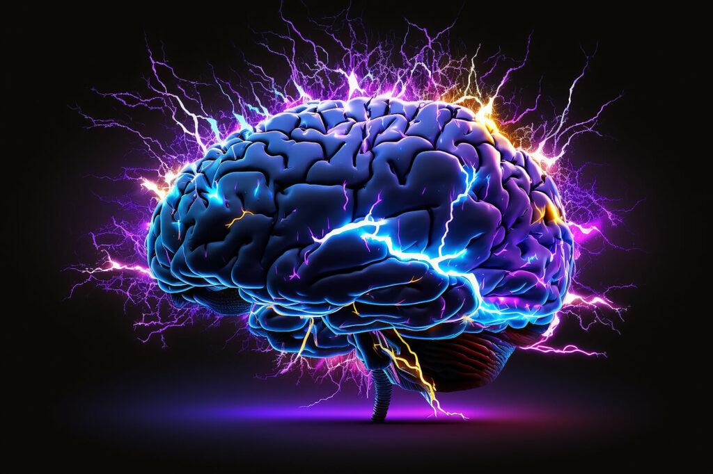 A brain with neon lines of colors emanating from it, Neurofeedback for Depression in Washington, DC uses cutting edge technology to get measurable results.