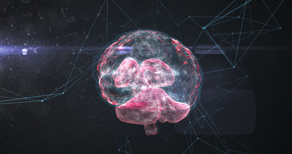 Image of a brain highlighted in pink as it processes information representing the brain training that takes place with Neurofeedback for Anxiety in Washington, DC.