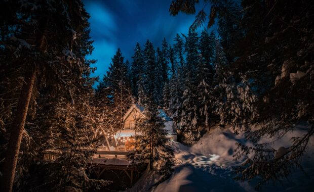 A house surrounded by tress and snow during the holiday season. Learn to manage holiday anxiety with the help of Anxiety Therapy in Washington, DC.