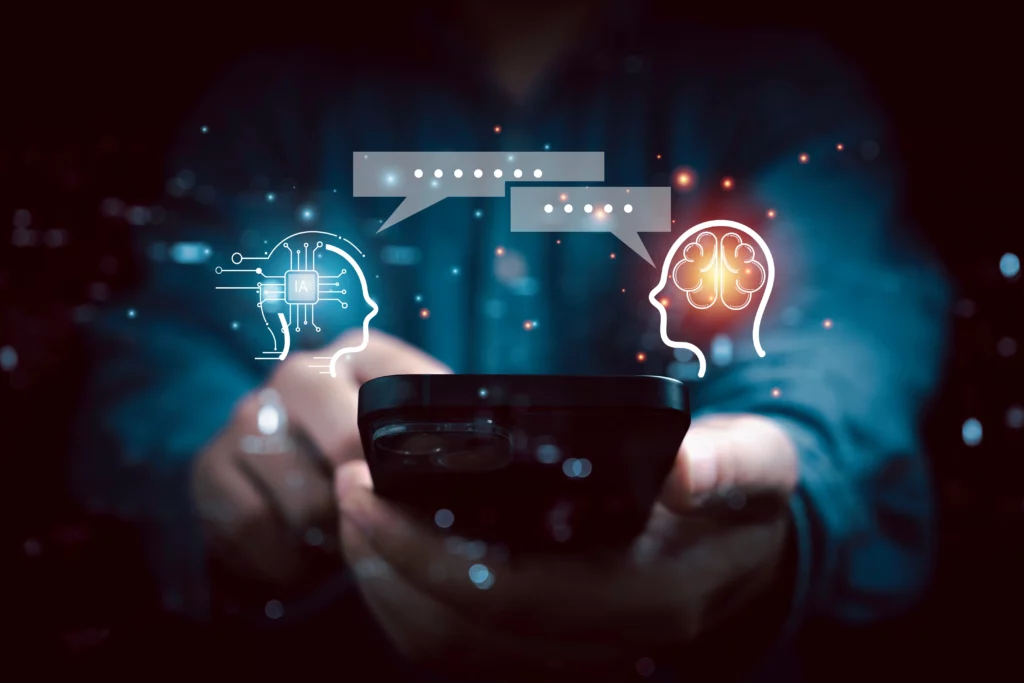 Person using asmartphone to chat with AI Bot program for therapy