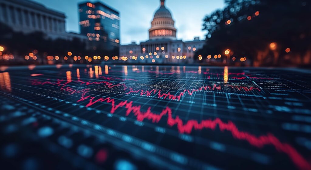 A composite image showing financial charts with declining red lines superimposed over a twilight view of the US Capitol building, symbolizing economic volatility in Washington DC.