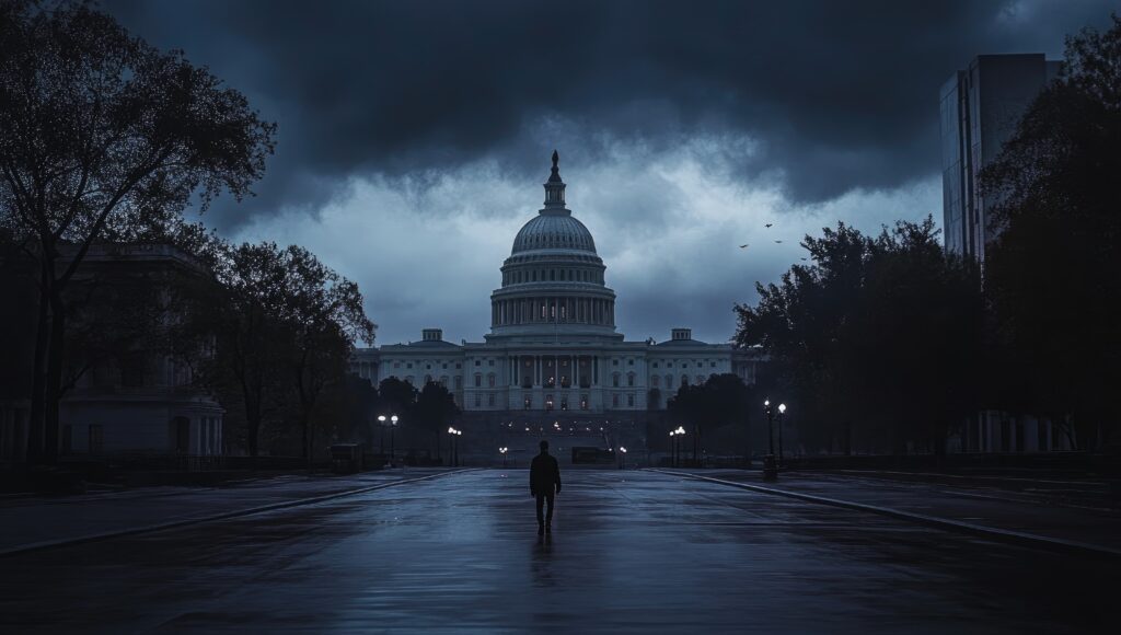 A silhouette of a lone person standing on a wet street facing the US Capitol building under dark, stormy clouds at dusk, embodying political anxiety in DC with its dramatic and somber atmosphere.