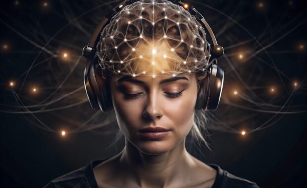 A person wearing headphones with a visualization of neural network connections illuminating their brain, demonstrating how neurofeedback therapy monitors brainwave activity during stress reduction sessions.