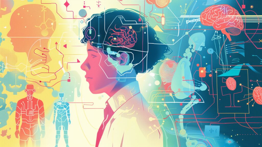 Artistic digital illustration showing the human brain's connection to technology, representing how neurofeedback technology in DC helps patients visualize and regulate their brain activity for stress management.