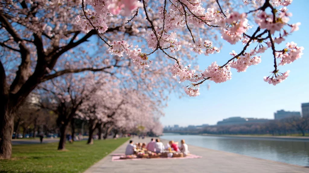 People are having a picnic at the Tidal Basin in Washington DC during peak seasonal depression in DC.
