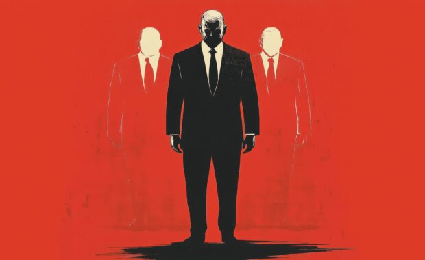 Illustration of workplace gaslighting showing a dark intimidating figure flanked by two outlined colleagues against a red background, representing psychological manipulation and isolation in professional settings