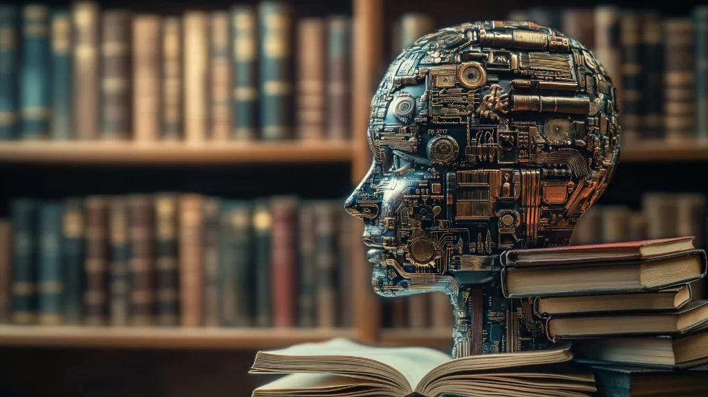 Futuristic digital brain made of circuitry surrounded by books in library representing neurocognitive learning and neurofeedback concepts