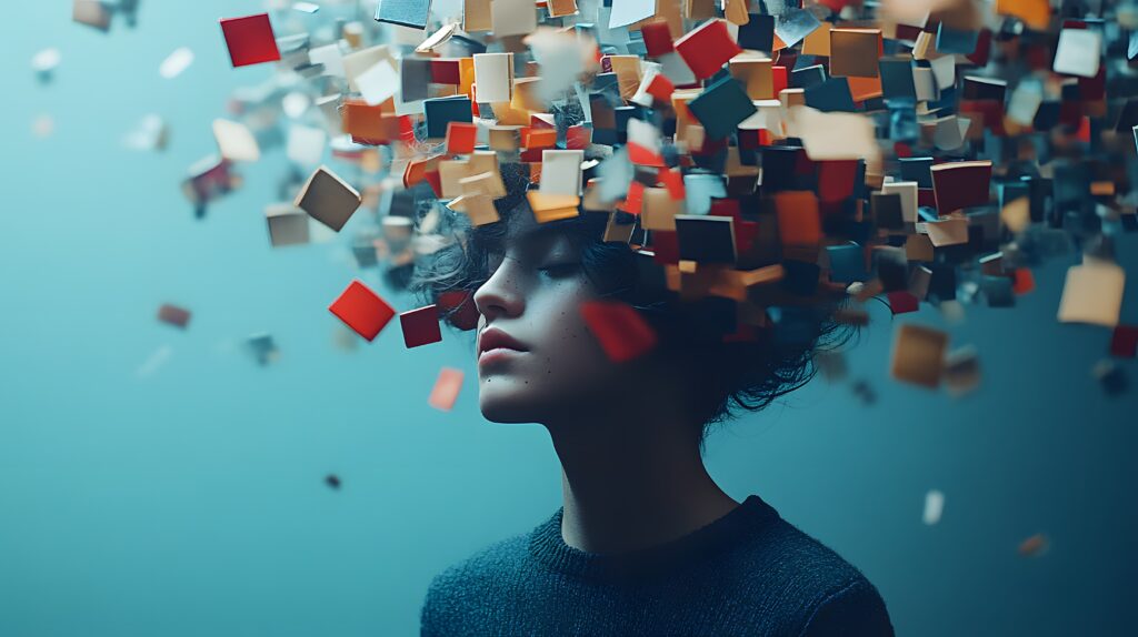 Person with fragmented colorful blocks dispersing from head representing scattered ADHD thoughts and executive function challenges