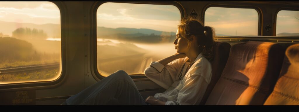 Person sitting on train looking out window during golden hour, contemplating during a peaceful journey